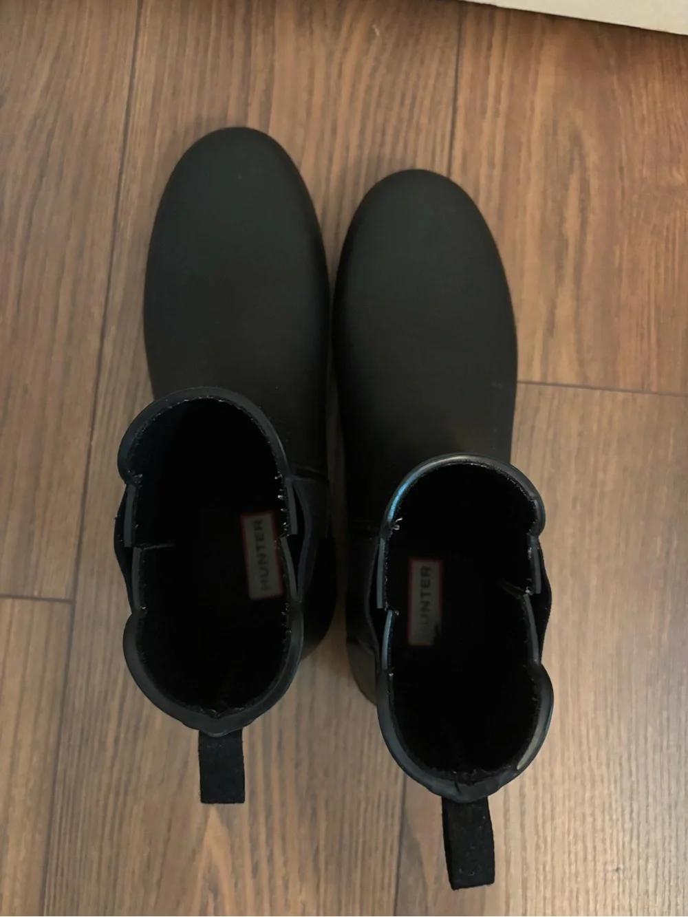 Hunter Black Rubber Slip-On Rain Boots with Treaded Outsole